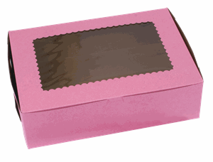 14104W-195 Strawberry Pink Windowed Standard Cupcake Boxes 12 Cup