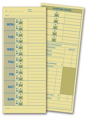 222 Weekly Time Card Manila Tag Stock 3 1/2 x 8 1/2