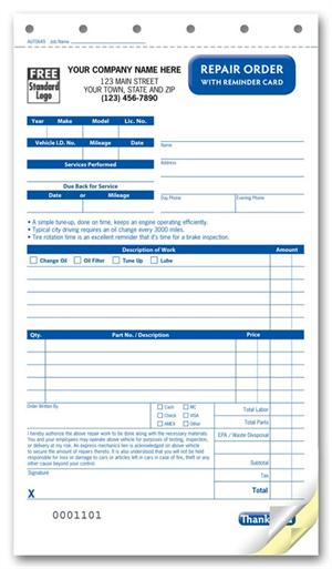 AUT0649 Repair Order with Reminder Card Carbonless Compact 5 2/3 x 9 7/8