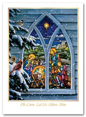 H55401 - N5401 Stained Glass Nativity Christmas Holiday Cards 5 5/8 x 7 7/8
