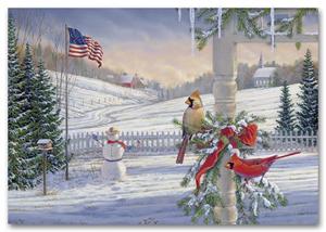 H56411 Countryside Cardinals Patriotic Holiday Cards 7 7/8 x 5 5/8