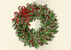 M0392 Red Ribbon Wreath Holiday Cards 7 7/8 x 5 5/8