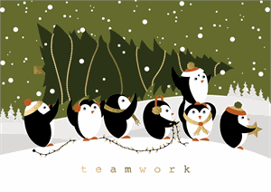 M1190 Penguin Teamwork Humorous Christmas Holiday Cards 7 7/8 x 5 5/8