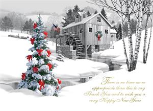 AA1040 Pencil Drawn Water Mill with Christmas Trees Cards 7 7/8 x 5 5/8