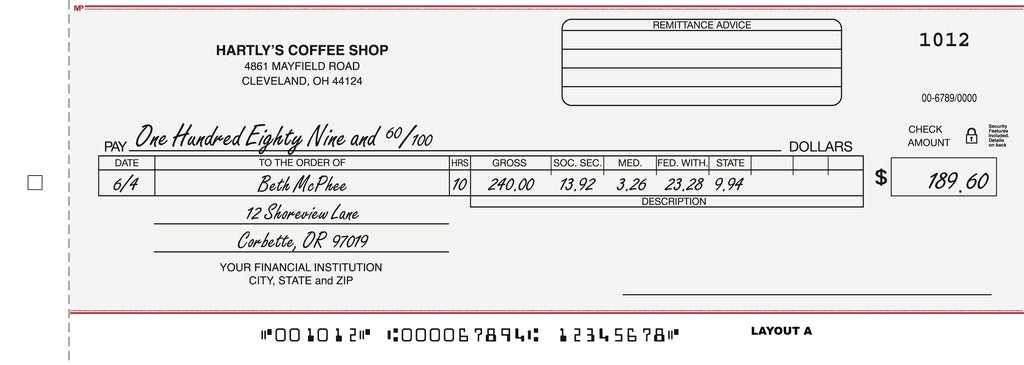 150NC Payroll/General Cash Disbursement Center Check 3 1/4 x 9 1/8"