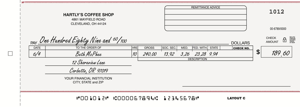150NC Payroll/General Cash Disbursement Center Check 3 1/4 x 9 1/8"