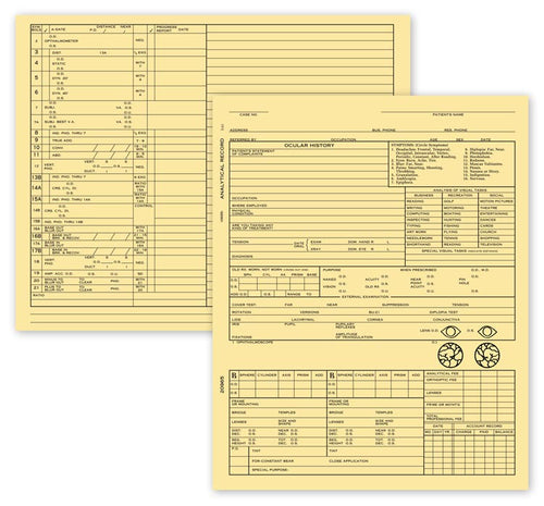 20965 Optometry Exam Record Form Folder Style Card File Two-Sided 4 x 6"