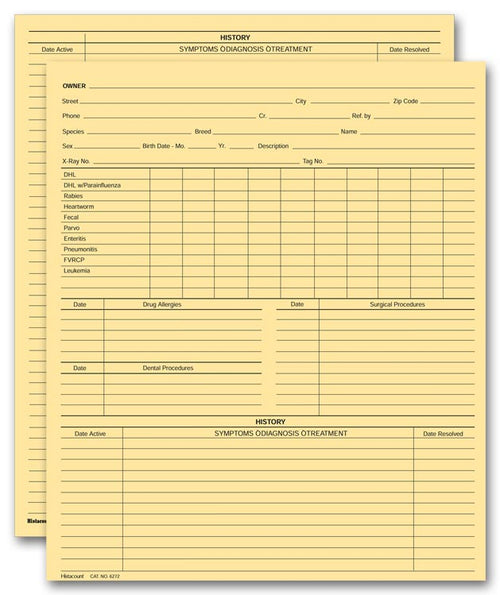 20968 Vet Animal History Exam Records Two Sided Letter Size 8 1/2 x 11"