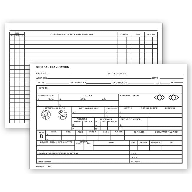 20972 Optometry Record Card Two-Sided...