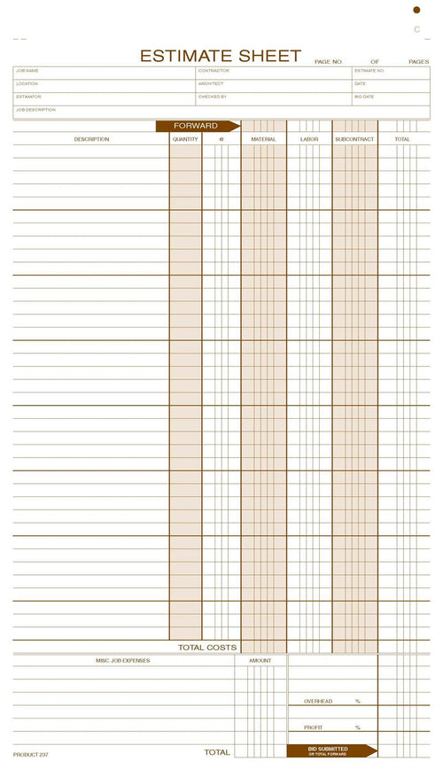 237 Estimate Sheets 8 1/2 x 14"