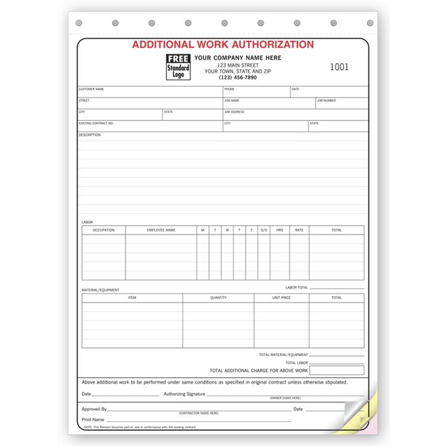 273 Additional Work Authorizations Carbonless...