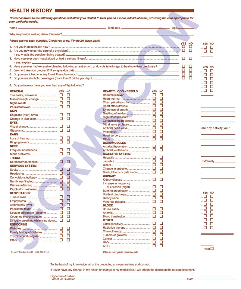 4046 Dental Health History Questionnaires 2 Sided No Hole Punch 7 3/4 x 10"