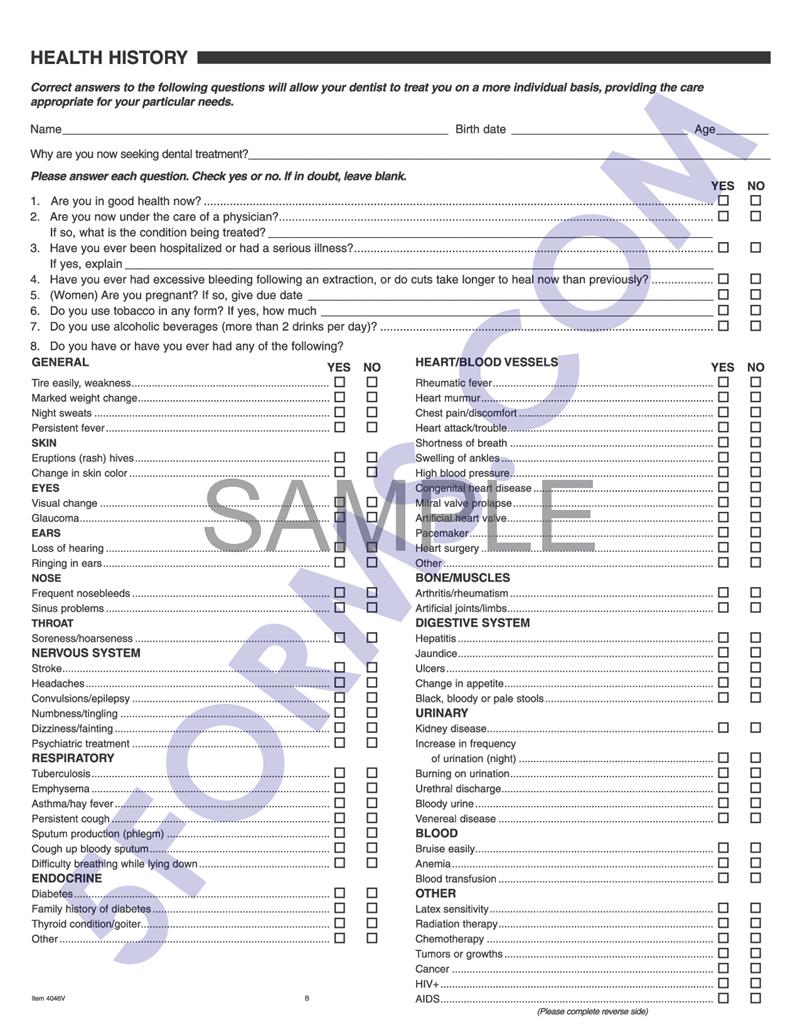 4046V Dental Health History Questionnaires 2 Sided 2 Hole Punch 8 1/2 x 11"