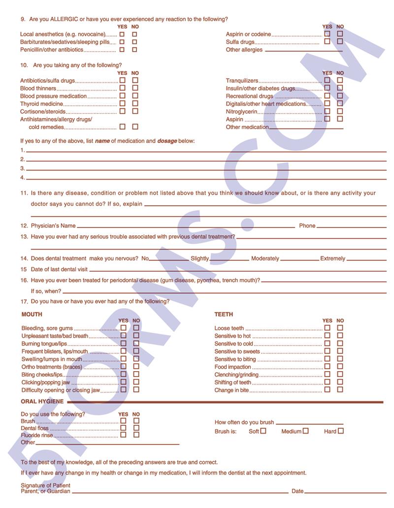 4046 Dental Health History Questionnaires 2 Sided No Hole Punch Back