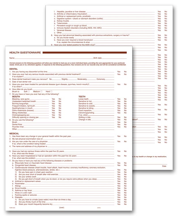 4054 Dental Health History Questionnaires...