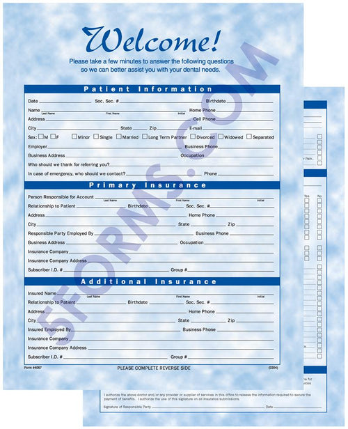 4067 Bright Skies Design Two Sided Registration & History Forms 8 1/2 x 11"