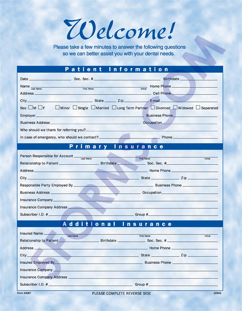 4067 Bright Skies Design Two Sided Registration & History Forms Front