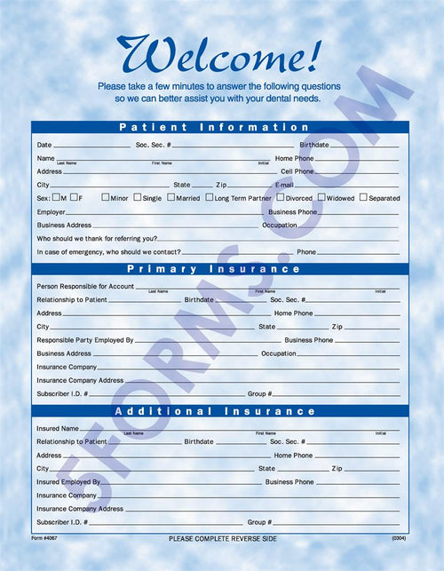 4067 Bright Skies Design Two Sided Registration & History Forms Front