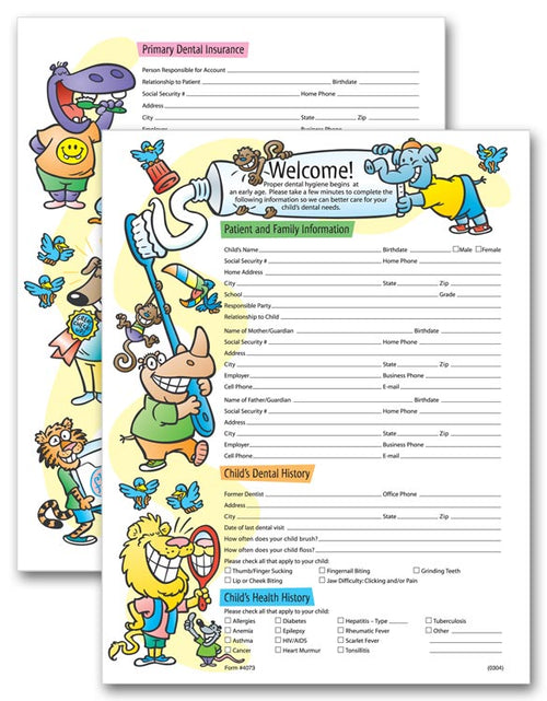 4073 Two-Sided Registration & History Form Pediatric Dental 8 1/2 x 11"