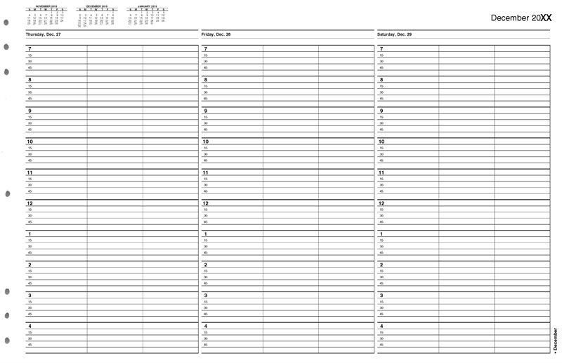 TIME42 TimeScan 3 Column Looseleaf Pages 15 Minute Interval 7am-5pm 17 x 11"