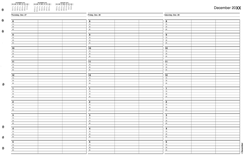 TIME52 TimeScan 3 Column Looseleaf Pages 15 Minute Interval 8am-6pm 17 x 11"