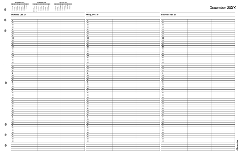TIME60 TimeScan 3 Column Looseleaf Pages 15 Minute Interval 8am-10pm With Extra Hour 17 x 11"