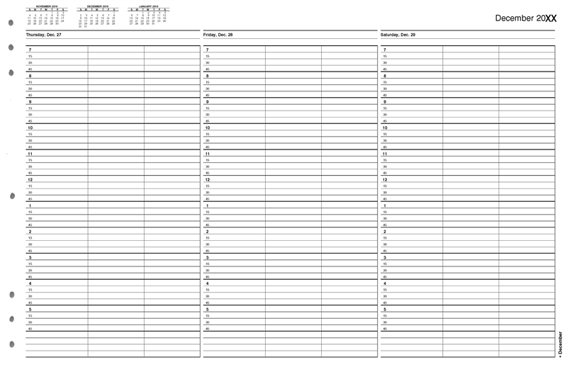 TIME46 TimeScan 3 Column Looseleaf Pages 15 Minute Interval 7am-6pm With Extra Hour 17 x 11"