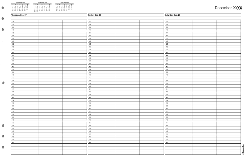 TIME56 TimeScan 3 Column Looseleaf Pages 15 Minute Interval 8am-7pm With Extra Hour 17 x 11"