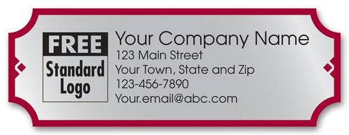 58104 Rectangular Label on Silver Poly w/Red Trim 3 1/2 x 1 1/4"
