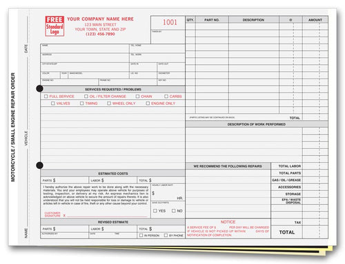 6510 Small Engine Motorcycle Repair Orders with Carbons 11 x 8 1/2"