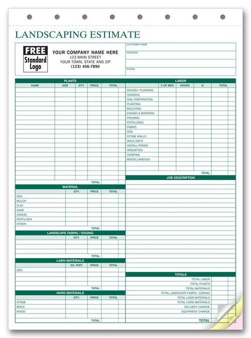 6571 Landscape Bid Landscaping Estimate Form 8 1/2 x 11"