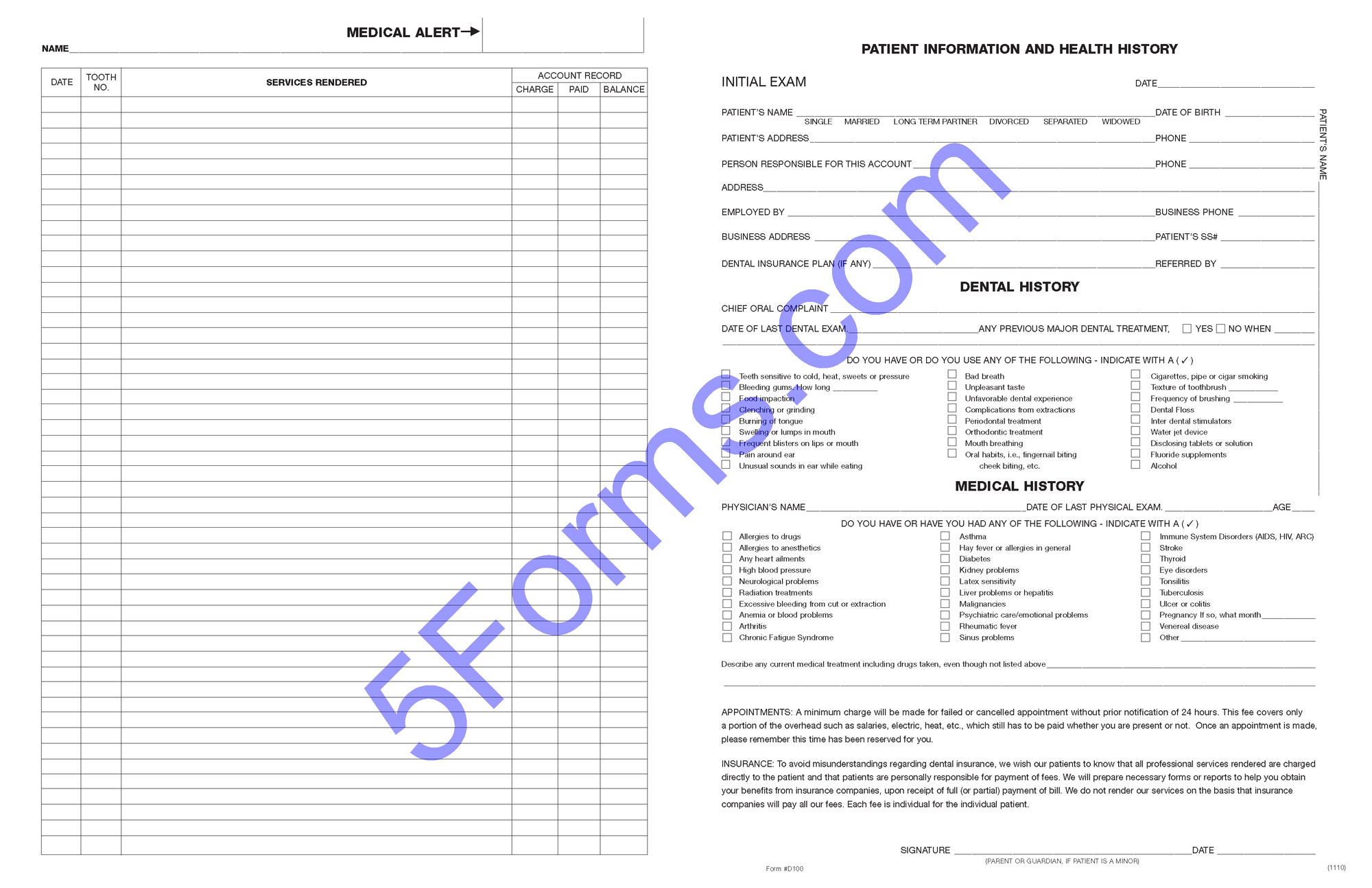 D100 Four-Page Dental Exam Record...