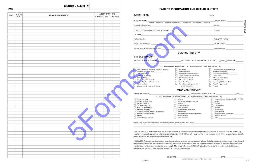 D100 Four-Page Dental Exam Record With Treatment Plan 11 x 17"