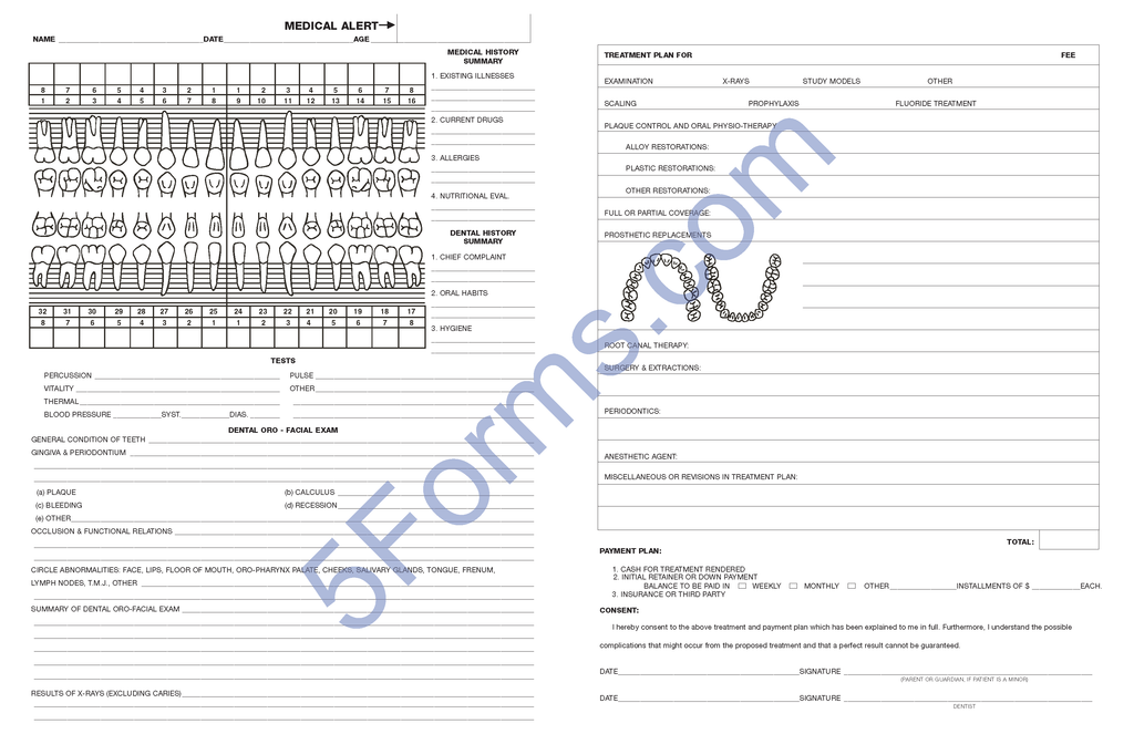 D100 Four-Page Dental Exam Record With Treatment Plan 11 x 17"
