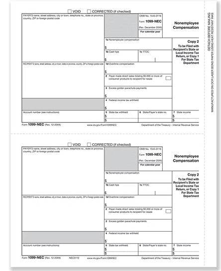 NEC5112 1099-NEC Payer State Copy C Cut Sheet 8 1/2 x 11"
