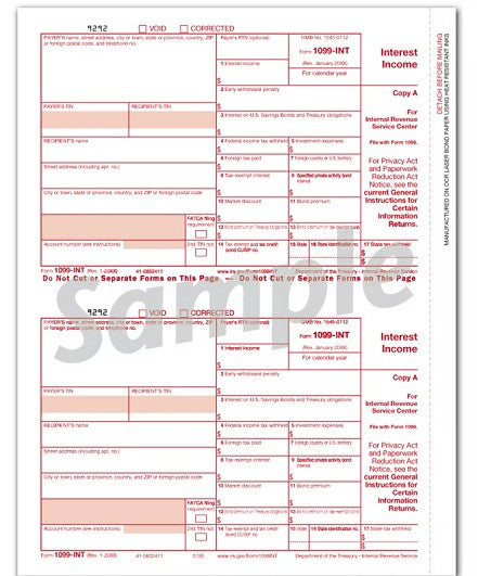 TF5120B Laser 1099-INT Income Federal Copy A Bulk 8 1/2 x 11"
