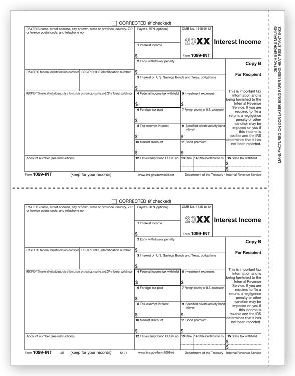 TF5121B 2024 Laser 1099-INT Interest Income Recipient Copy B Bulk Carton 8 1/2 x 11"