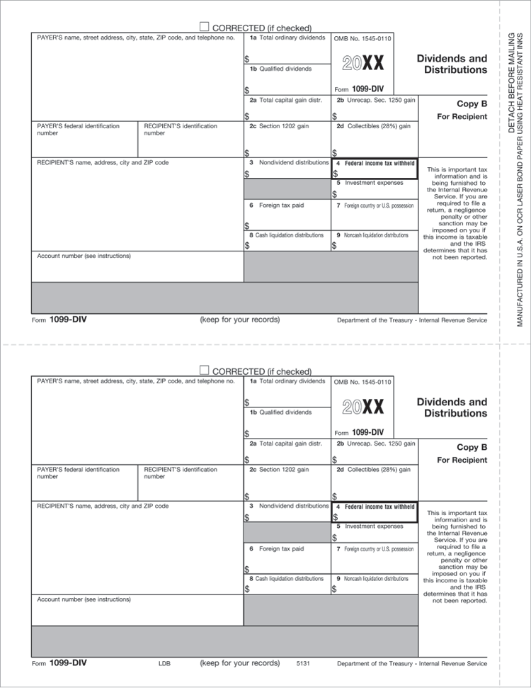 TF5131 2024 Laser 1099-DIV Dividends and Distributions Income Recipient Copy B 8 1/2 x 11"