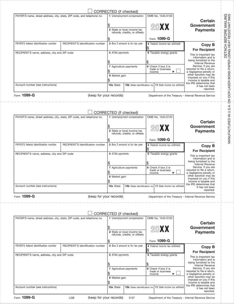 TF5157 2024 Laser 1099-G Payer and/or Borrower Copy B 8 1/2 x 11"