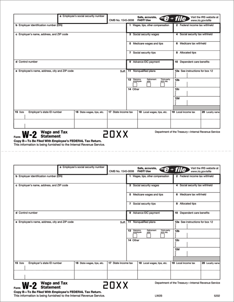 TF5202B 2024 Laser W-2 Employee Copy B Bulk 8 1/2 x 11"