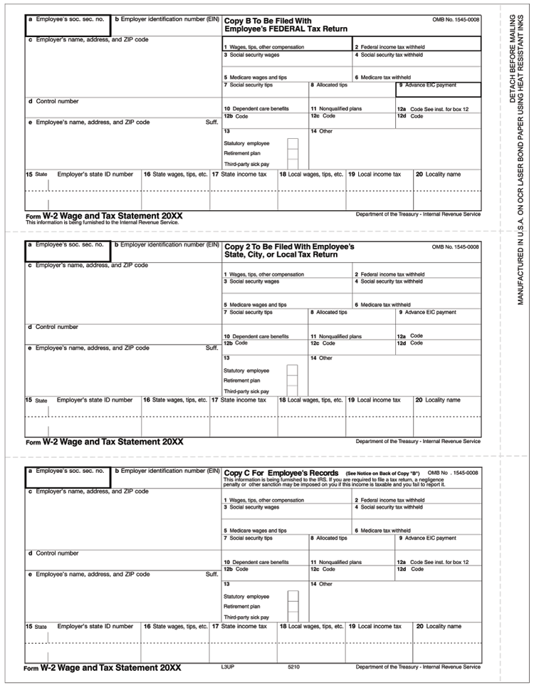 TF5210 2024 3-Up Laser W-2 Employee Copy Horizontal Format 8 1/2 x 11"