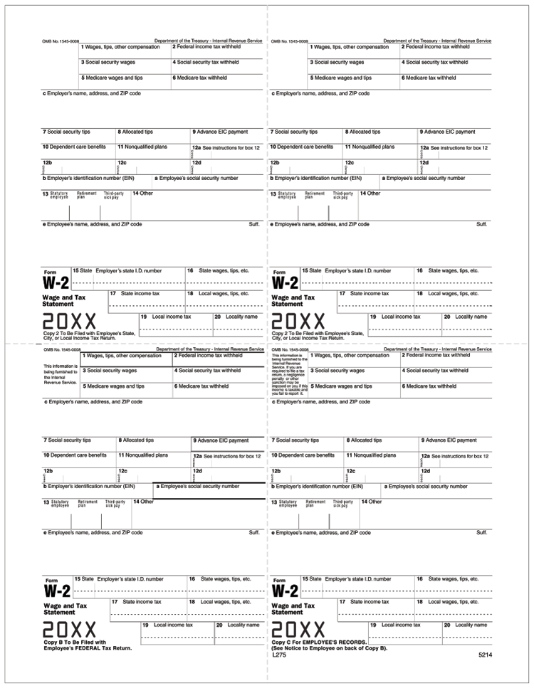 TF5214 2024 4-Up Employee Copy Laser W-2 M-Style 8 1/2 x 11"