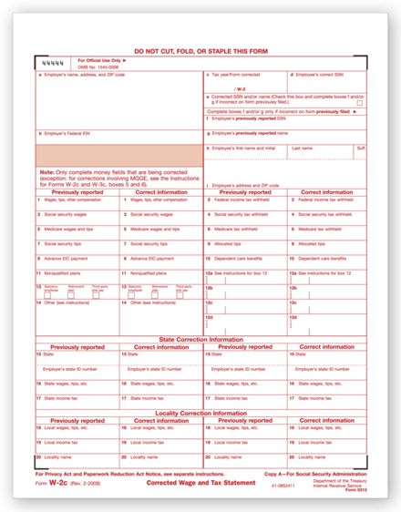 TF5313 2024 Laser W-2C Corrected Wage & Tax Statement SSA Copy A 8 1/2 x 11"