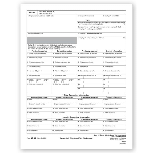 TF5315 2024 Laser W-2C Corrected Wage State City or Local Copy 1 or D 8 1/2 x 11"