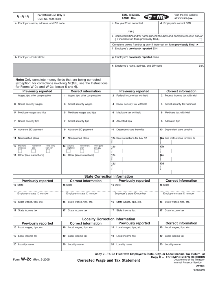 TF5316 2024 Laser W-2C Corrected Wage Employee Copy 2 or C 8 1/2 x 11"