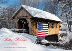 D2524 Patriotic Covered Bridge Winter Snow Scene Holiday Card 7 7/8 x 5 5/8"